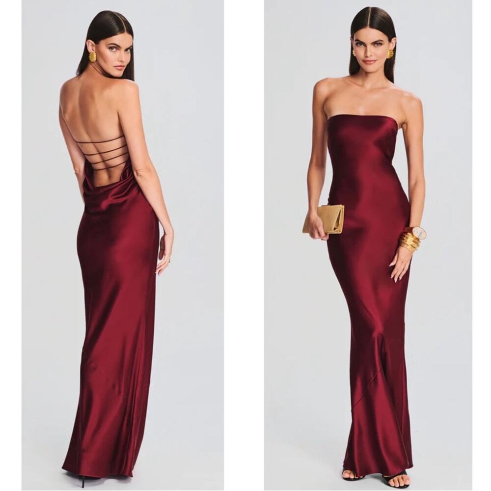 RETROFETE Keaton Strapless Silk Open Strappy Back Cabernet Red Maxi Dress Sz M